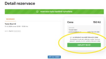 Při rezervaci kurtů můžete zaplatit hned přes platební bránu