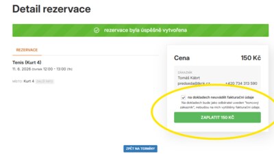 Při rezervaci kurtů můžete zaplatit hned přes platební bránu